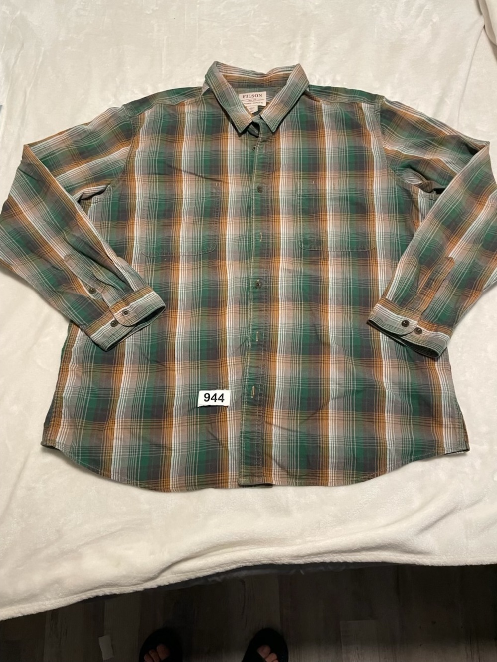 Filson Green and Tan Plaid Long-Sleeve Button Down Shirt